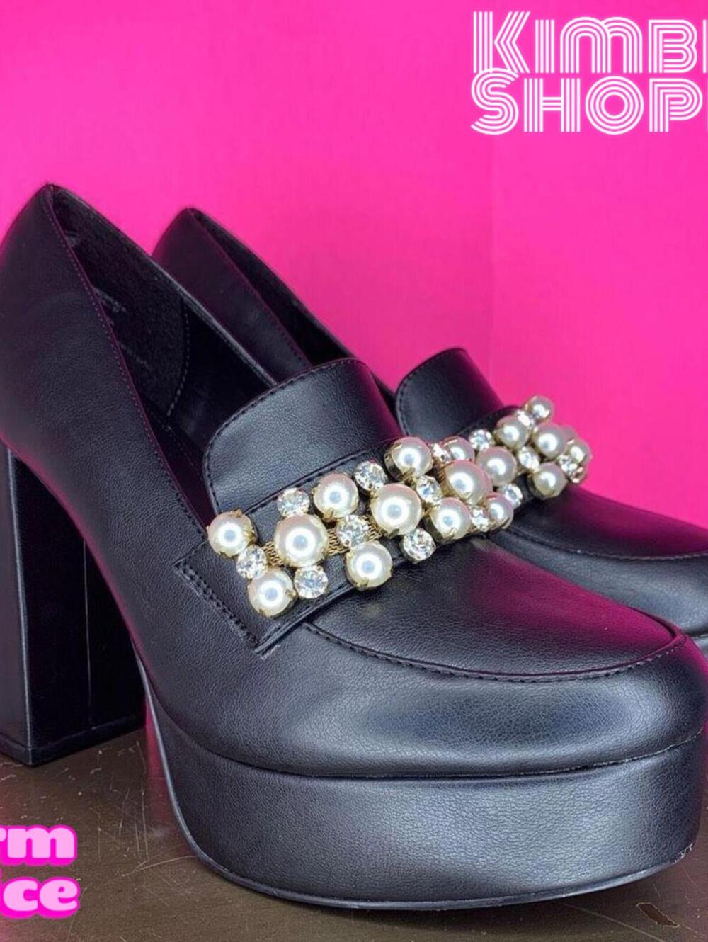 JustFab Adele Throwback Black Faux Leather Pearl Loafer Pumps US 6.5